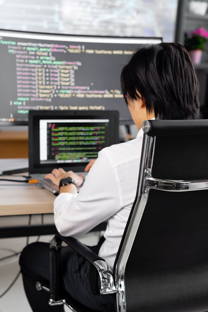 Professional software developer writing code at a desk in a modern office environment.