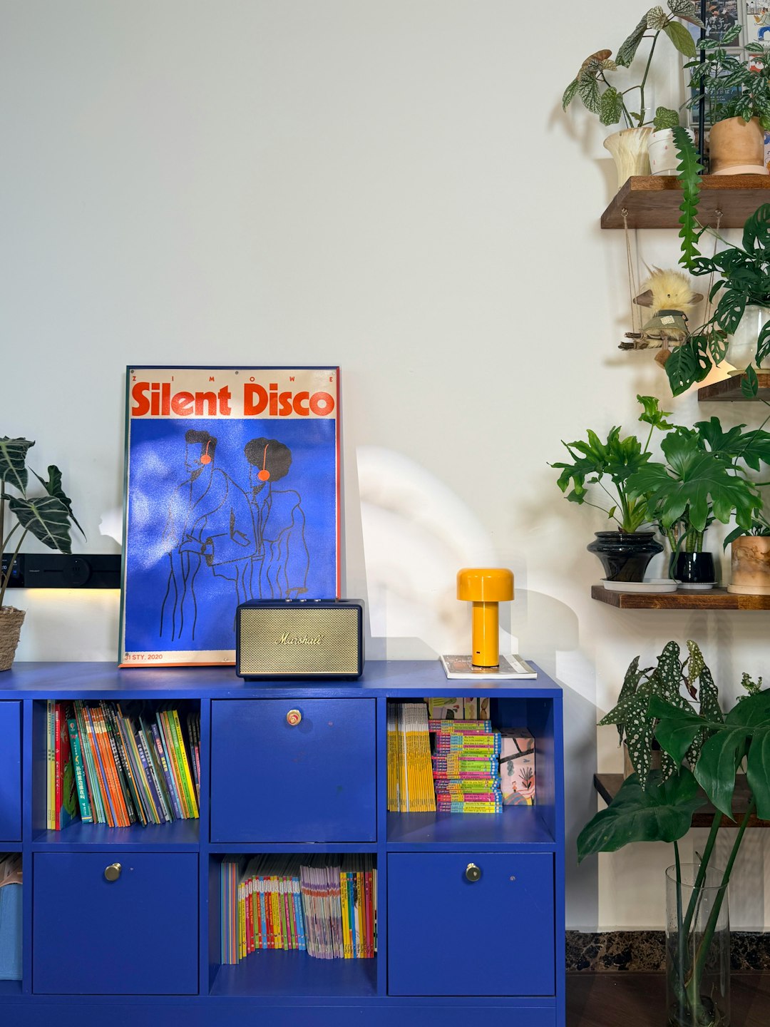 delivery-policy Colorful Gift Wrapping Supplies Display on Blue Cabinet with Plants